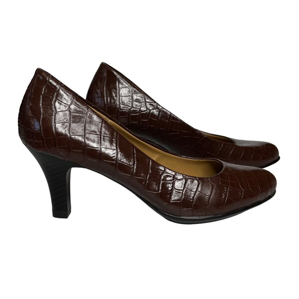 Merona Pumps Heels Shoes Womens Size 5.5 Brown Faux Leather Croc Print Career